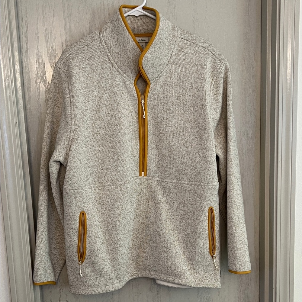LL Bean Men's Heather Cream Quarter-Zip Pullover with Mustard Trim